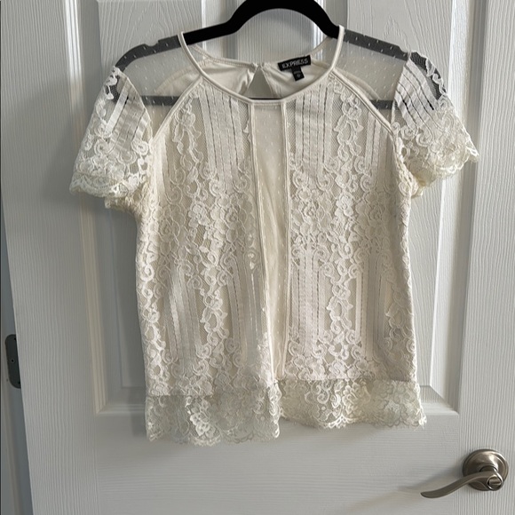 Express Tops - Express Cream Lace Blouse with Sheer Sleeves